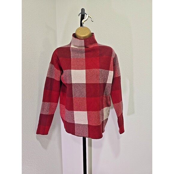 Cherry Red Mock Neck Plaid Sweater Womens Small Thick Classic Academia Warm Cozy - Picture 1 of 7